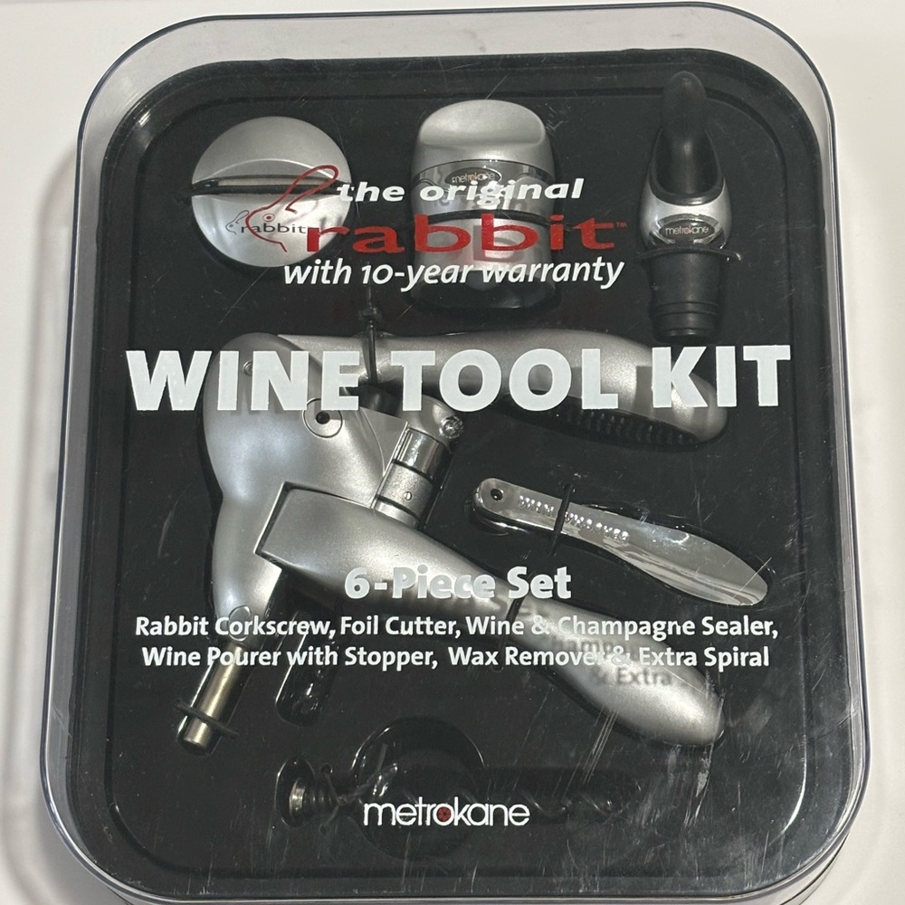 Rabbit Metrokane Wine Tool Kit 6-Piece Set Silver Black Corkscrew Foil Cutter